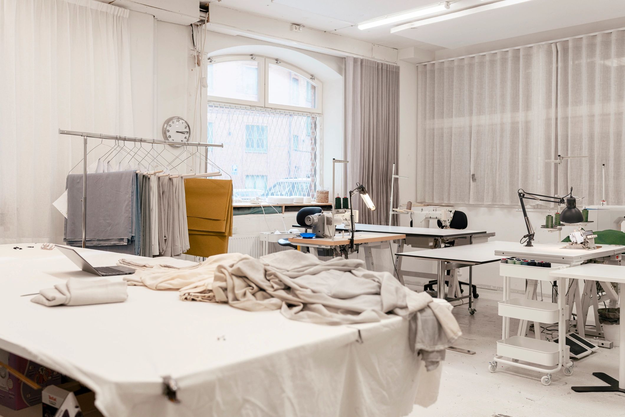 Studio workspace with equipment and tables